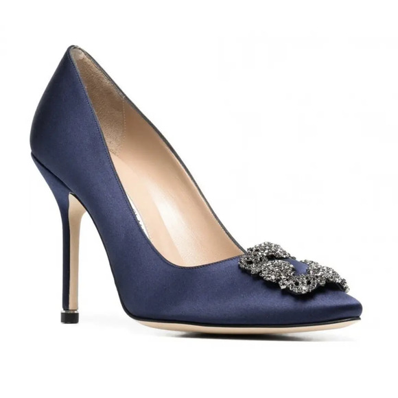 Manolo Blahnik Hangisi 105 Navy Blue Satin Crystal Jewel Buckle Heel Pump 40 - Picture 3 of 12
